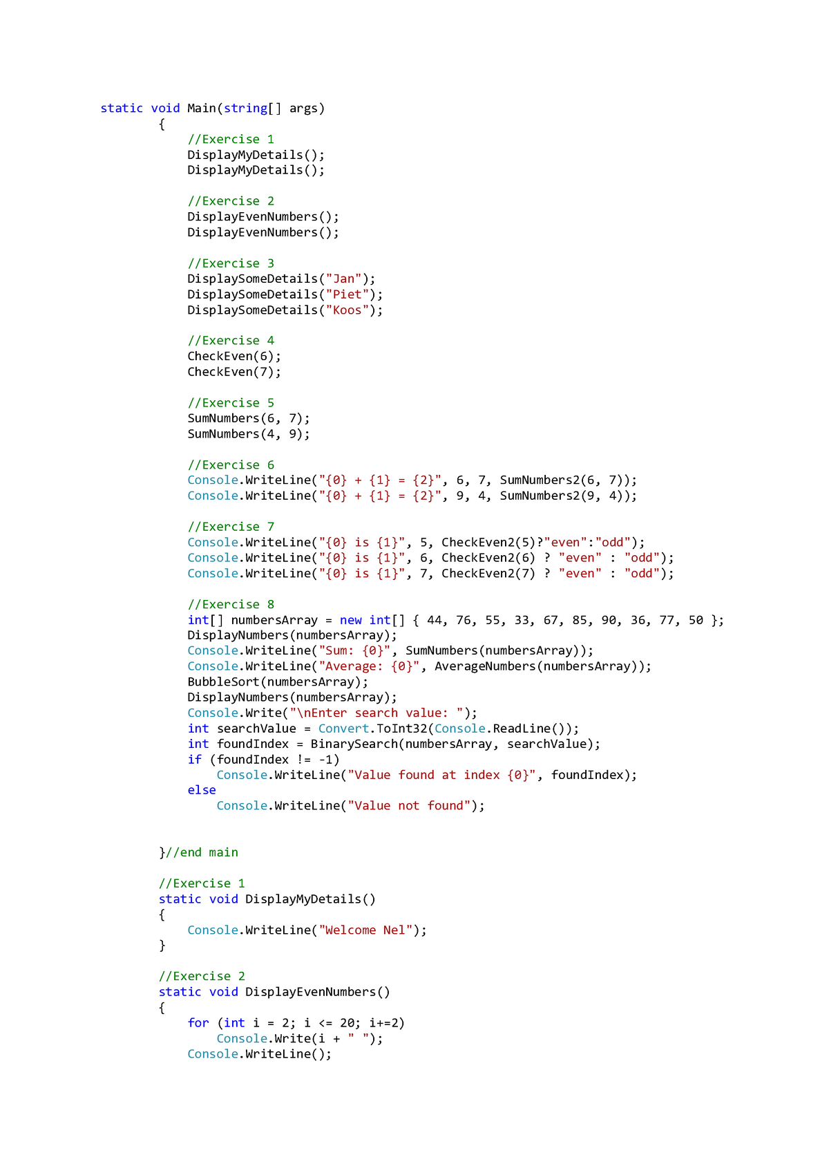 Unit 2 Method Exercises Solutions - static void Main(string[] args ...