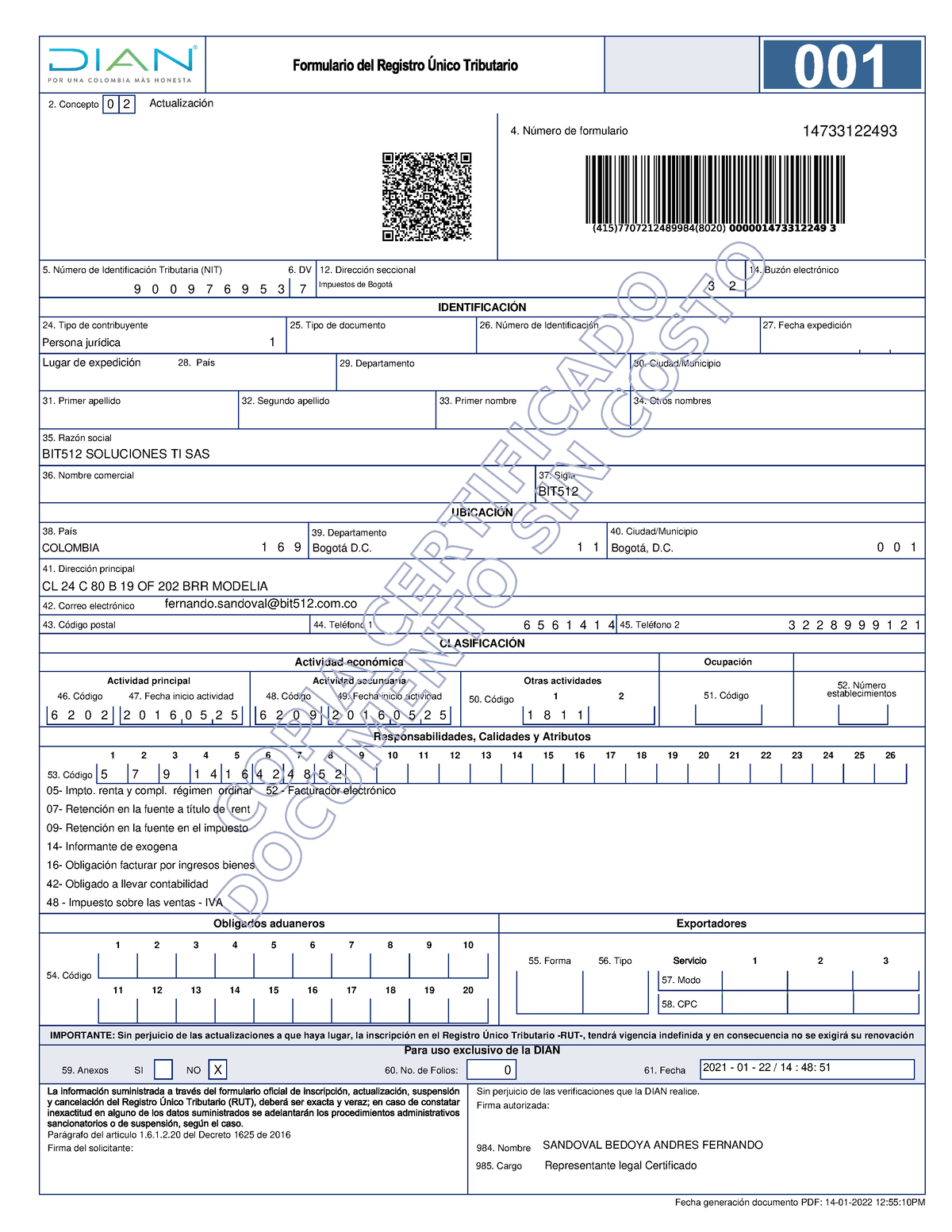 Rut Bit512 2022 Formato único Del Formulario De Registro único