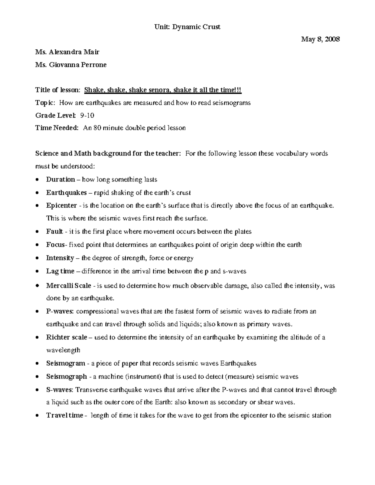 Earthquake lesson - Science - Unit: Dynamic Crust May 8, 2008 Ms ...