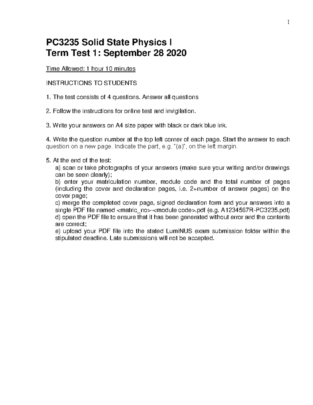 Test 1 Winter 2020, answers - PC3235 Solid State Physics I Term Test 1 ...