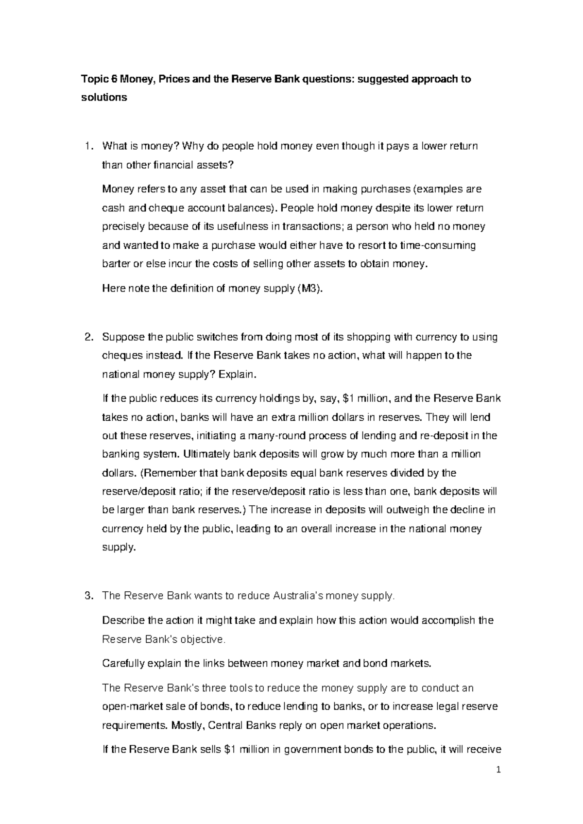 Topic 6 Money, Prices and the Reserve Bank Solutions 1 Topic 6 Money