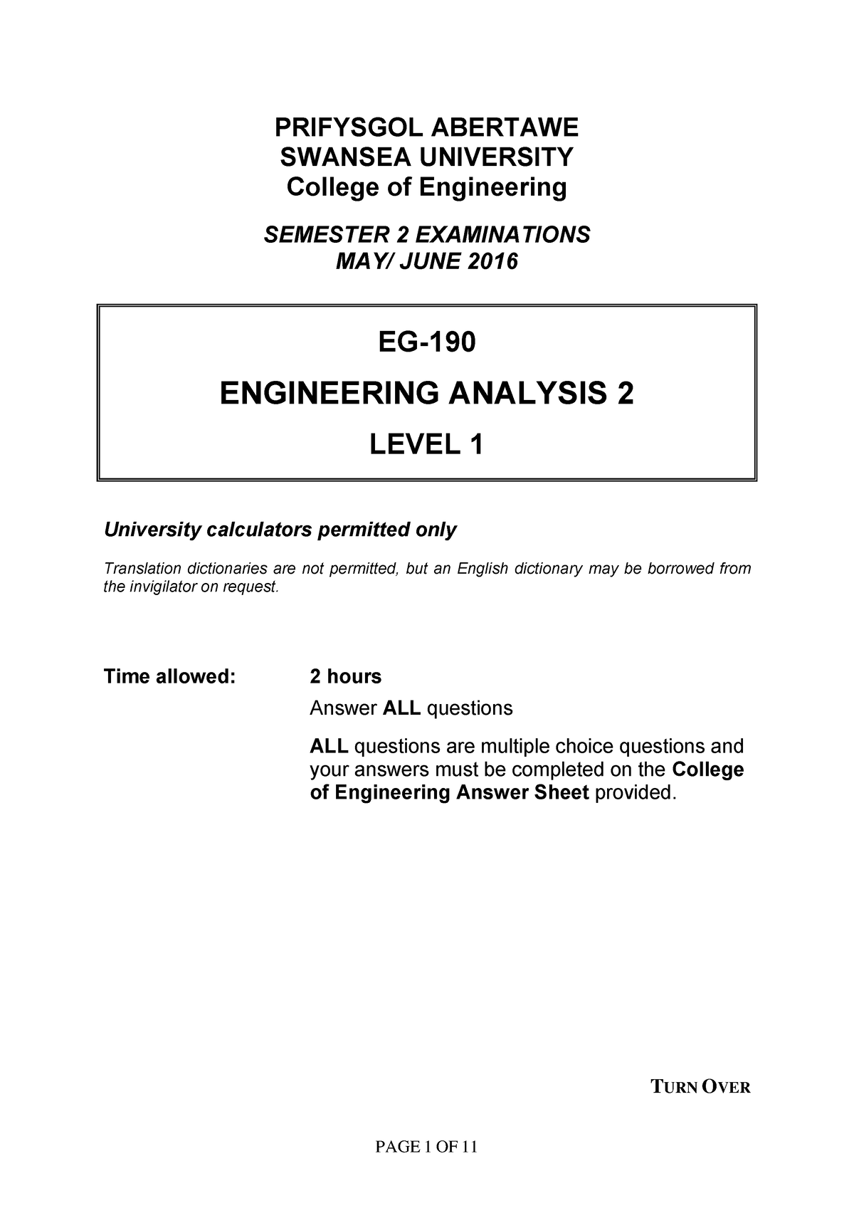 EG190Exam Paper 2016-2 - TURN OVER PRIFYSGOL ABERTAWE SWANSEA ...