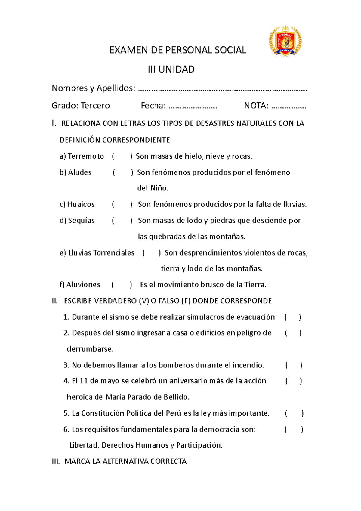 Examen DE Personal Social - EXAMEN DE PERSONAL SOCIAL III UNIDAD ...