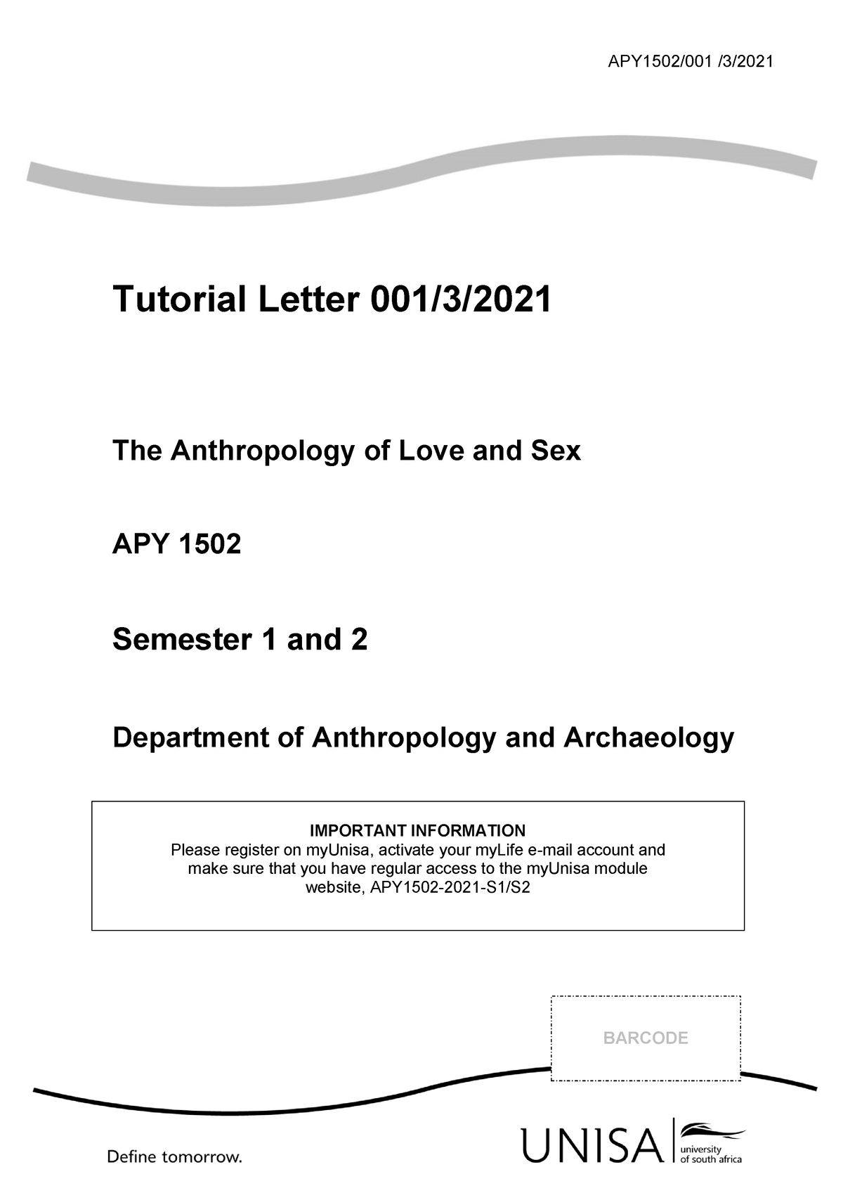 501 2021 3 B - Tutorial Letter 001/3/ The Anthropology Of Love And Sex ...