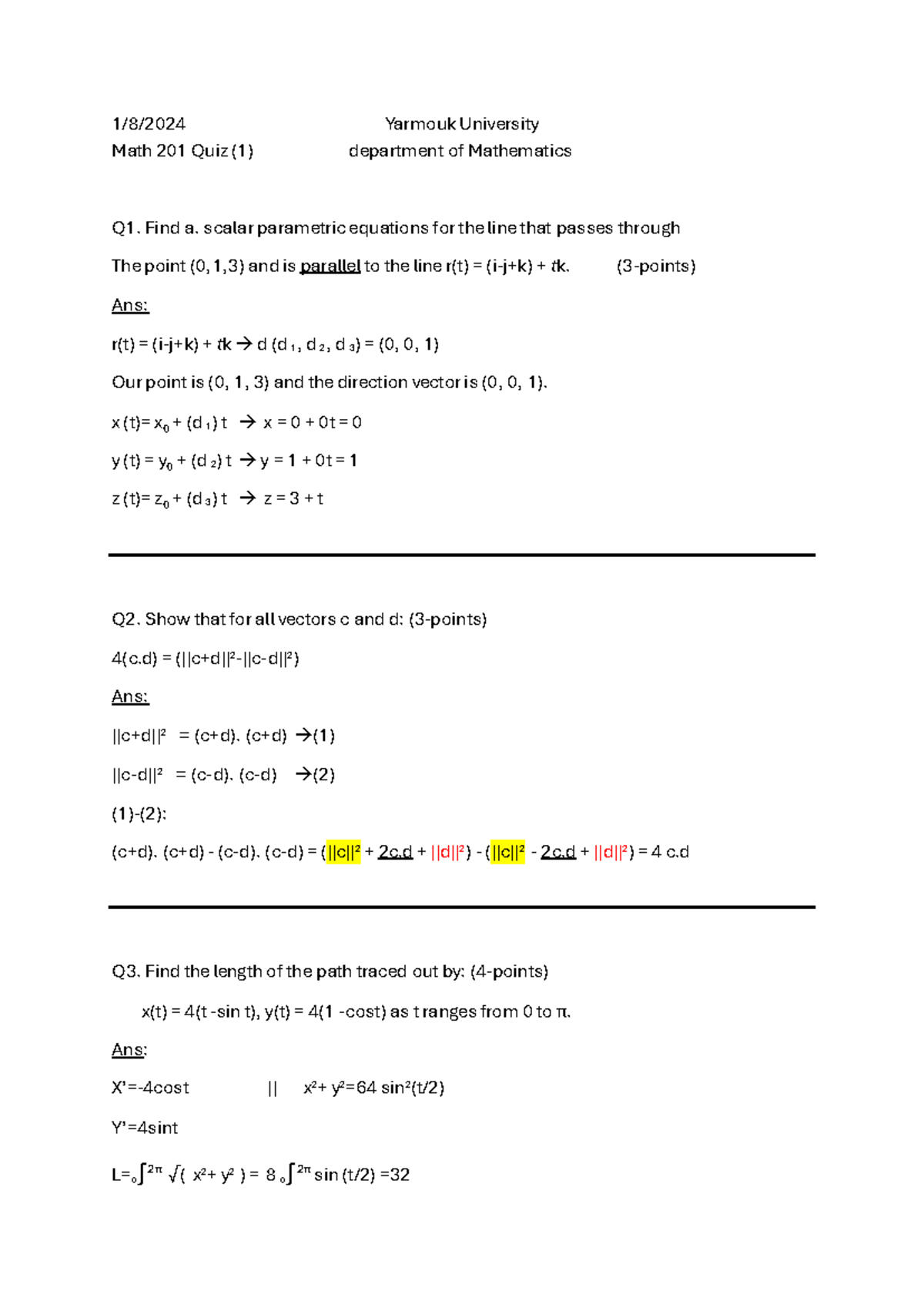 Math 201 Quiz - olkm - 1/8/2024 Yarmouk University Math 201 Quiz (1 ...