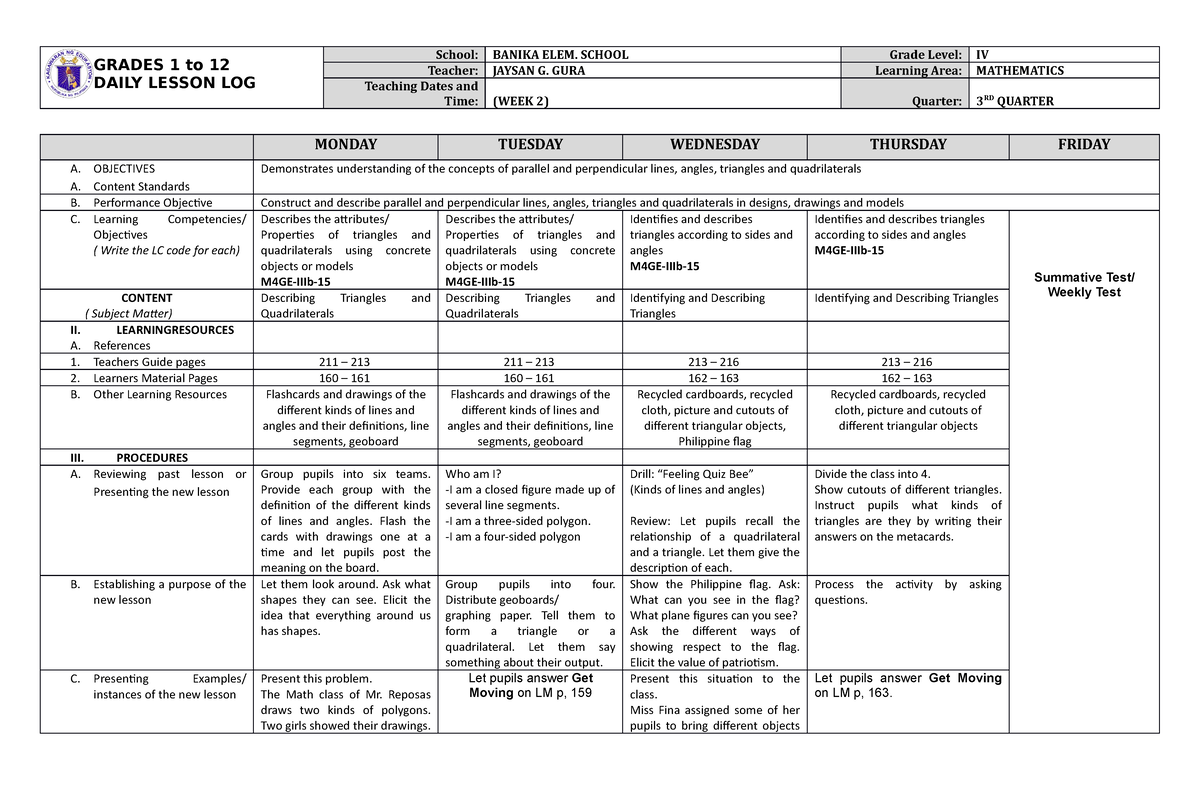 Dll Mathematics 4 Q3 W2 Daily Lesson Plan Grades 1 To 12 Daily Lesson Log School Banika 1569