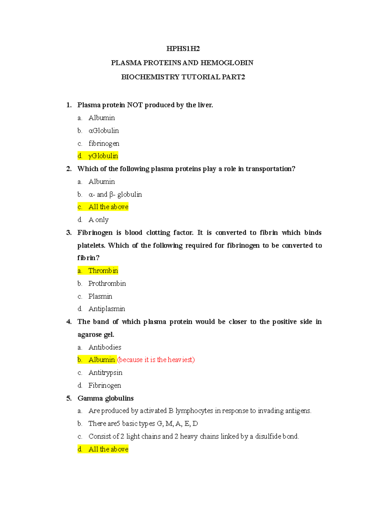 Plasma proteins and hemoglobin MEMO - HPHS1H PLASMA PROTEINS AND ...