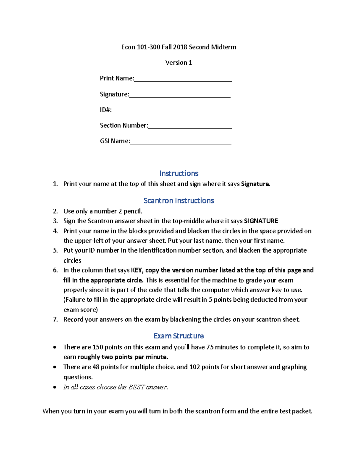 Exam 2018, answers - Econ 101-300 Fall 2018 Second Midterm Version 1 ...