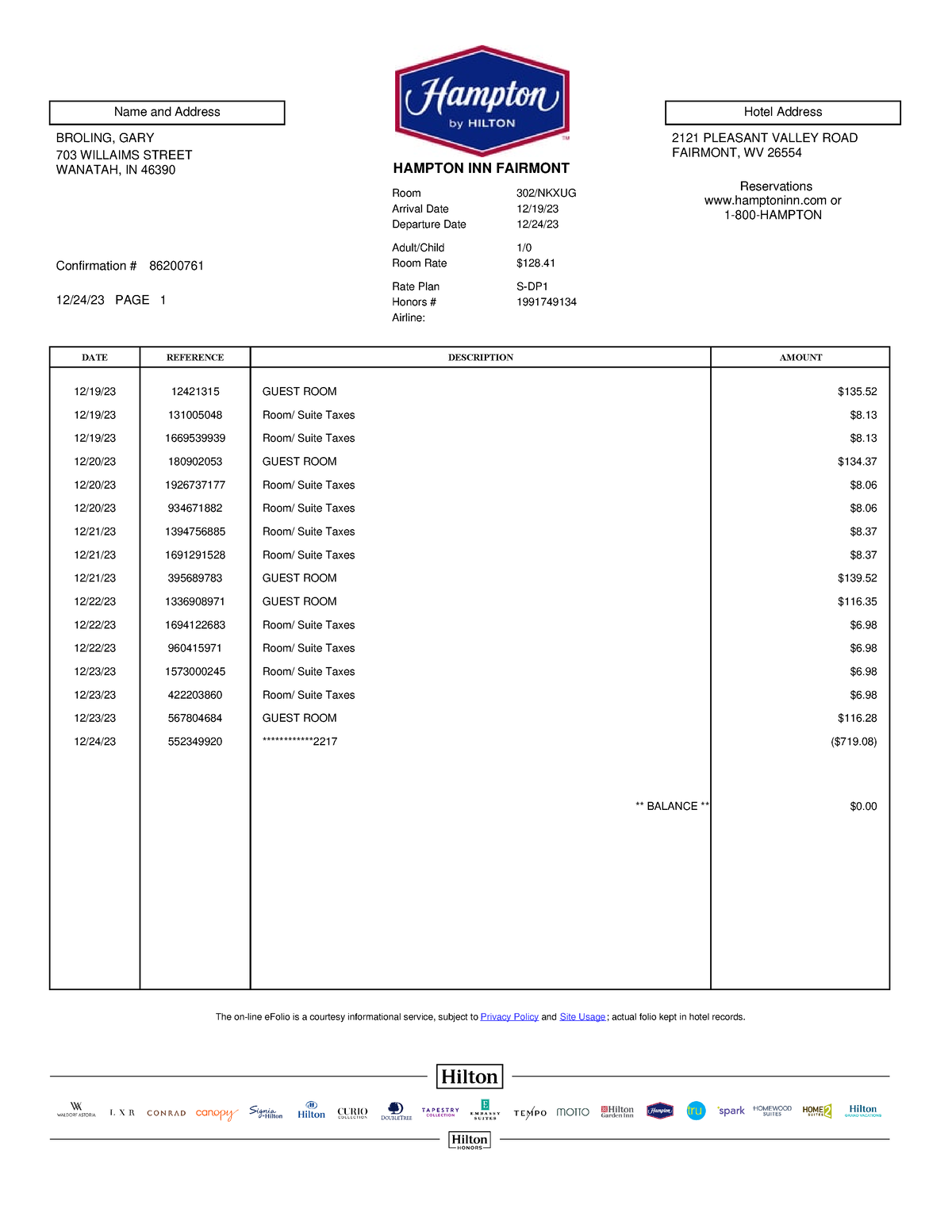 Hampton Inn Fairmont 12 19 2023 2797022705-1 - Name and Address BROLING ...