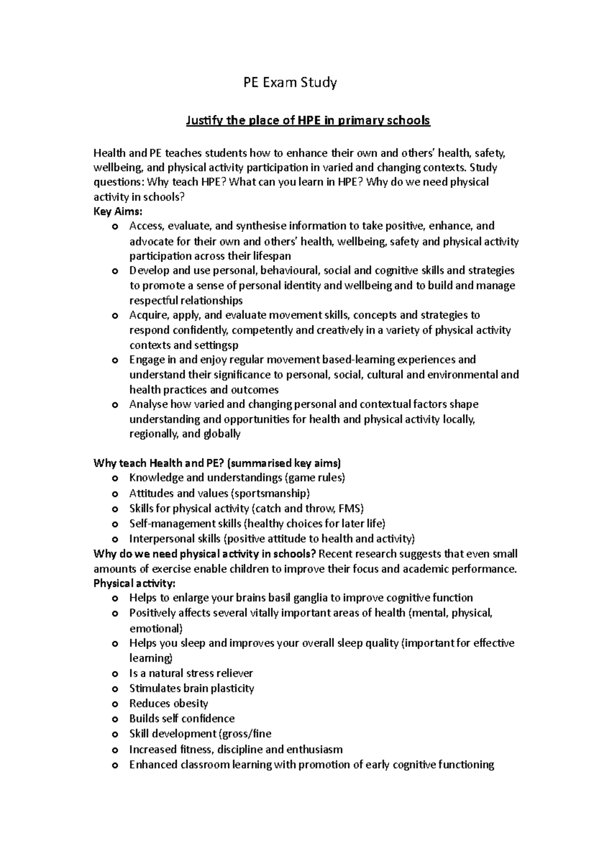 PE Exam Study - Summary Health and Physical Education for Young ...