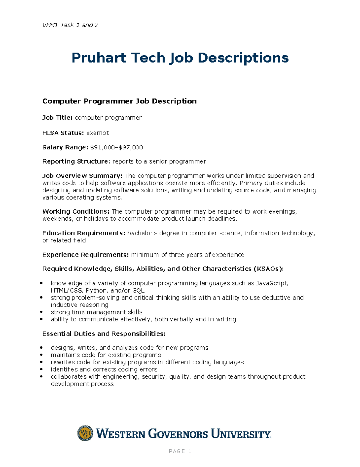 Pruhart Tech Job Descriptions VFM1 Task 1 and 2 Pruhart Tech Job