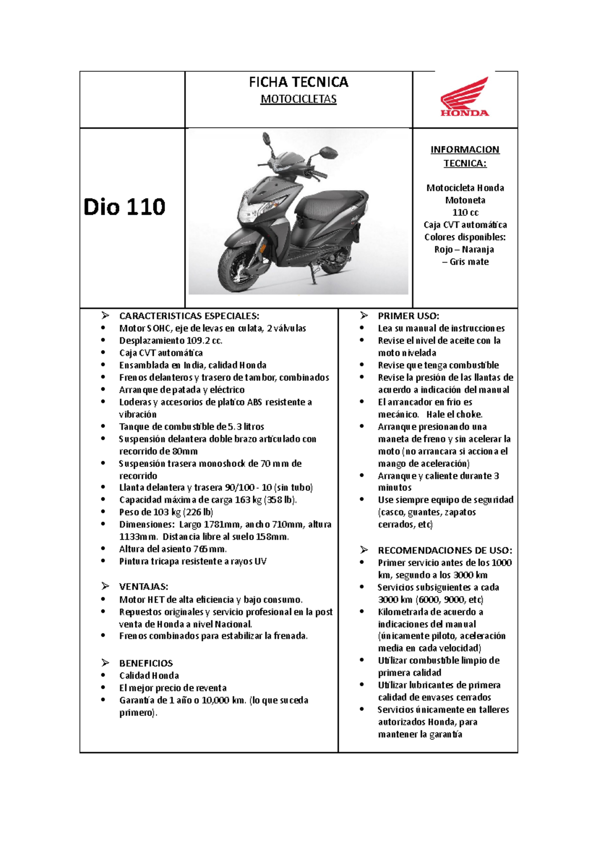 Ficha Tecnica Honda Dio 110 FICHA TECNICA MOTOCICLETAS Dio 110 INFORMACION TECNICA