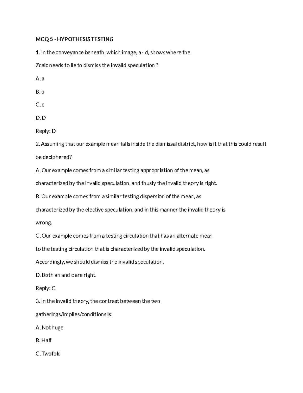 hypothesis testing mcq questions