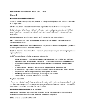 Recruitment &amp; Selection - Final Review Notes - Recruitment and 