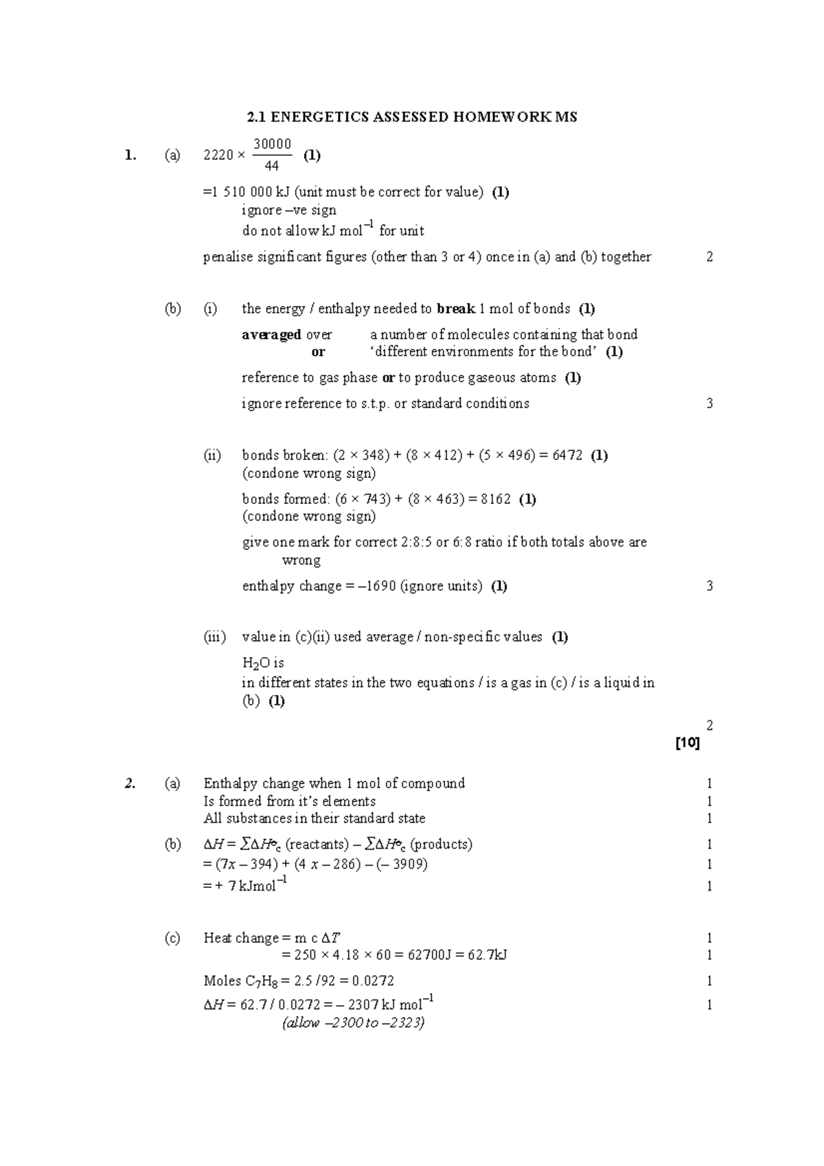 energetics assessed homework with a mark scheme attached 2.1 - 2 ...