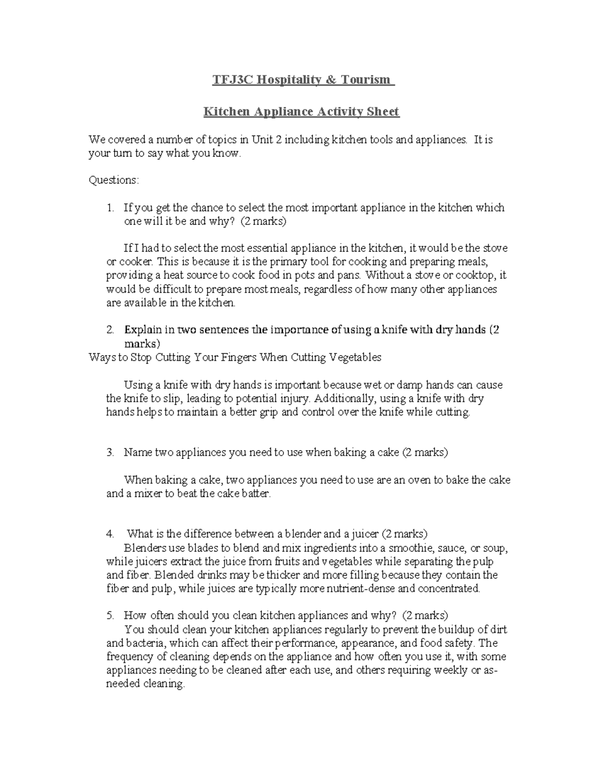 2.5 TFJ3C Unit 1 Kitchen Appliance Activity Sheet - TFJ3C Hospitality ...
