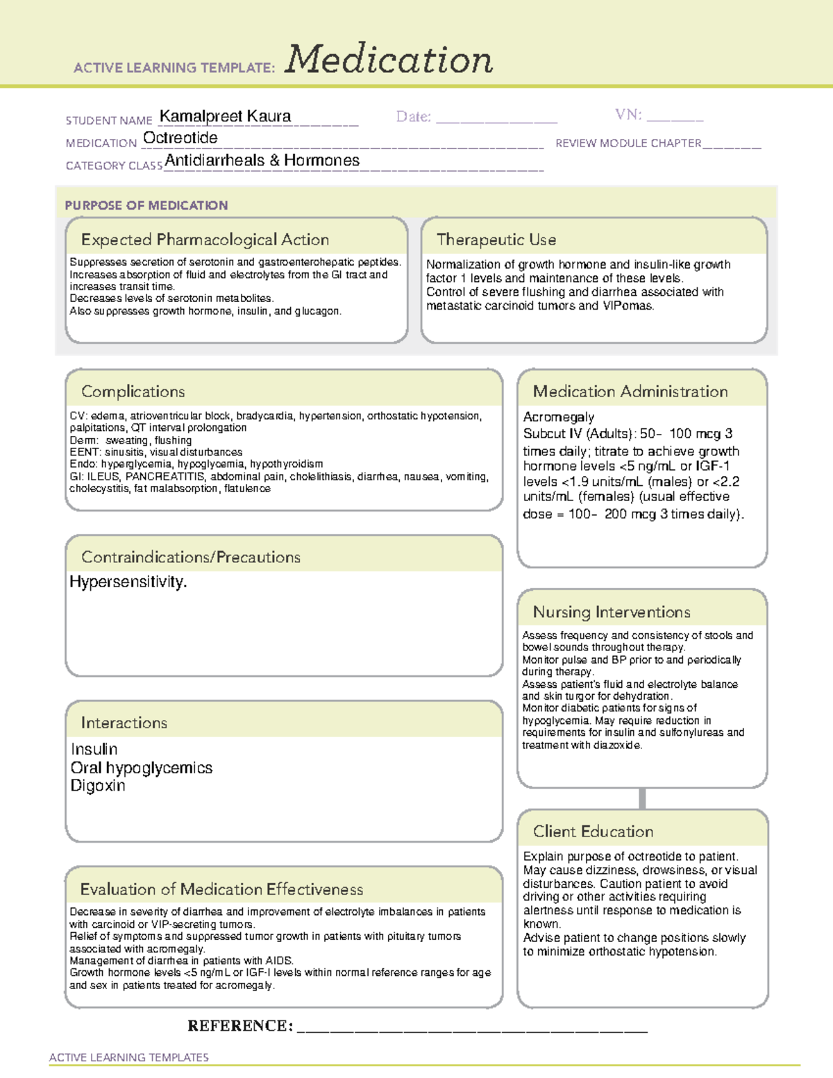 Octreotide - Ati Template. - Active Learning Templates Medication 