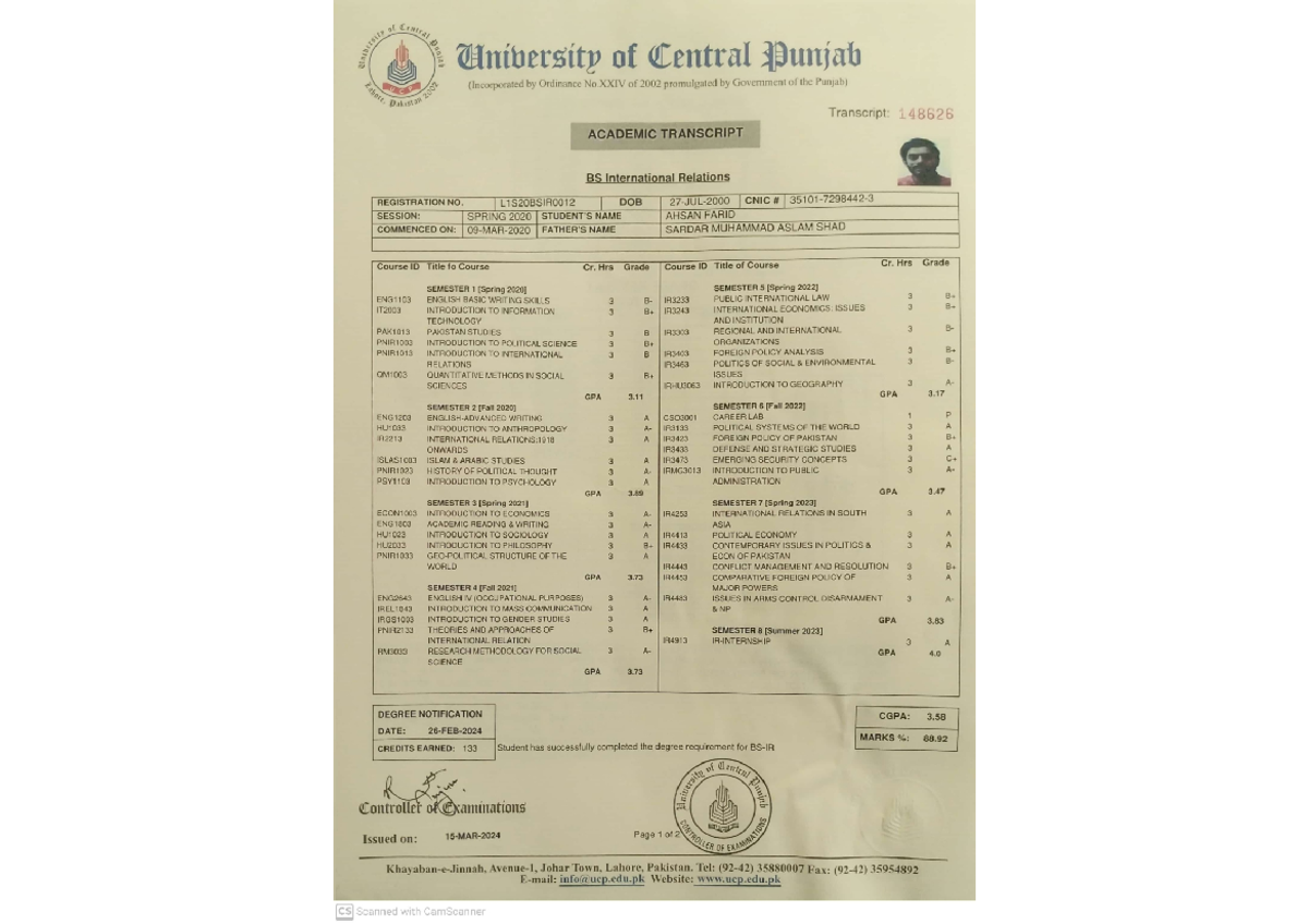 Transcritt - Degree - of Central University of Central Punjab 2007 ...