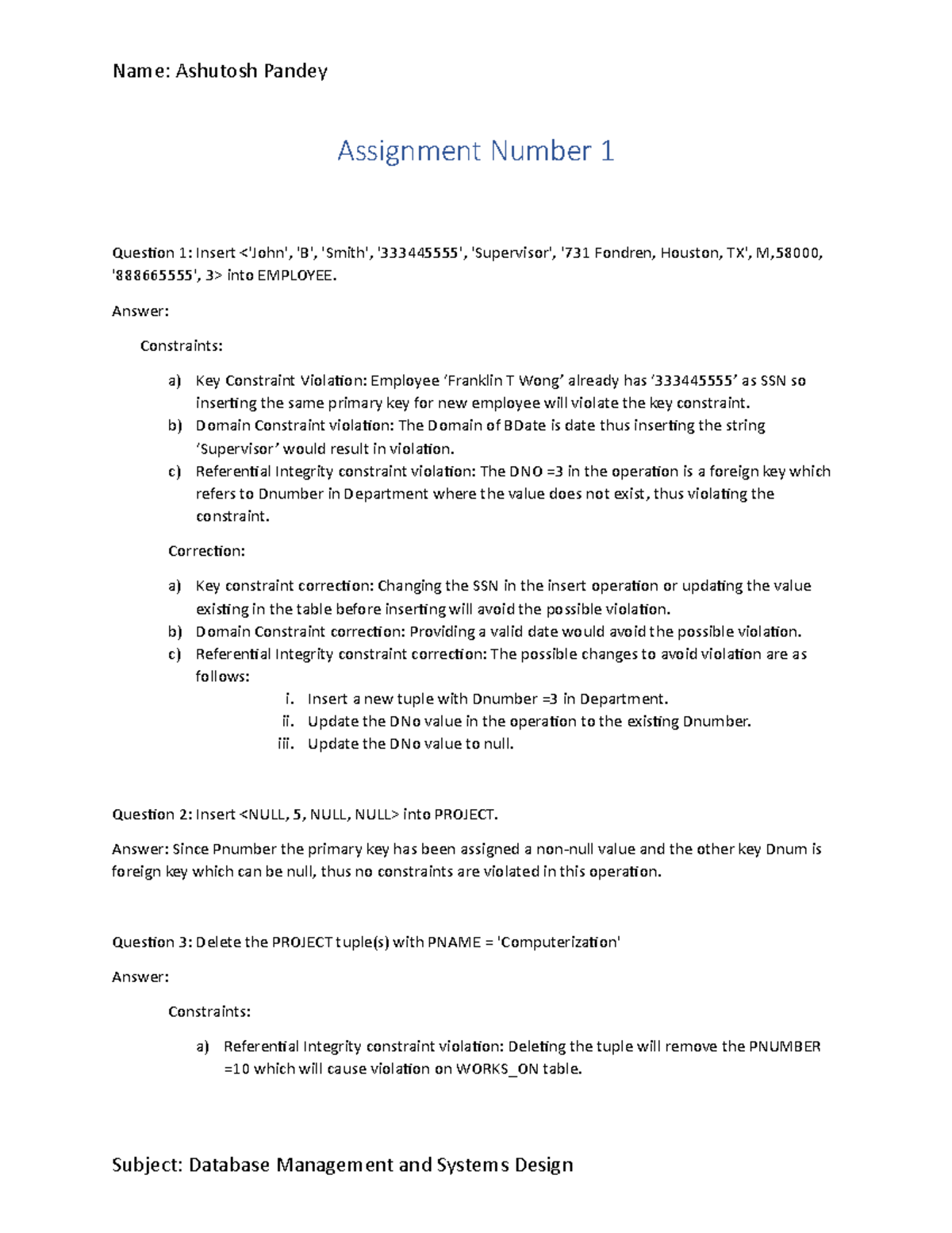 Assignment Number 1-DMSD - Name: Ashutosh Pandey Subject: Database ...