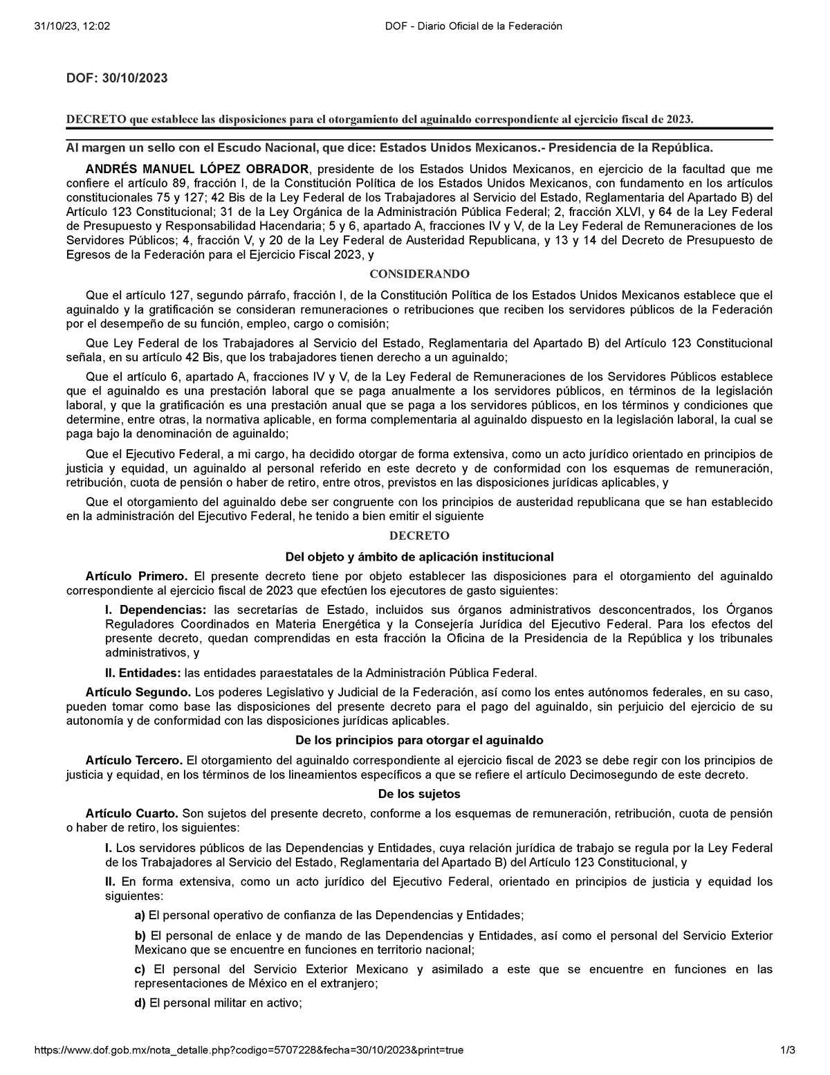 Decreto Aguinaldo DOF 30OCT23 31/10/23, 1202 DOF Diario Oficial de