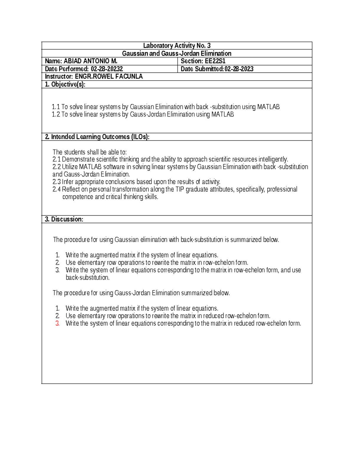 Gaussian AND Gauss- Jordan Abiad EE22S1 - Laboratory Activity No. 3 ...