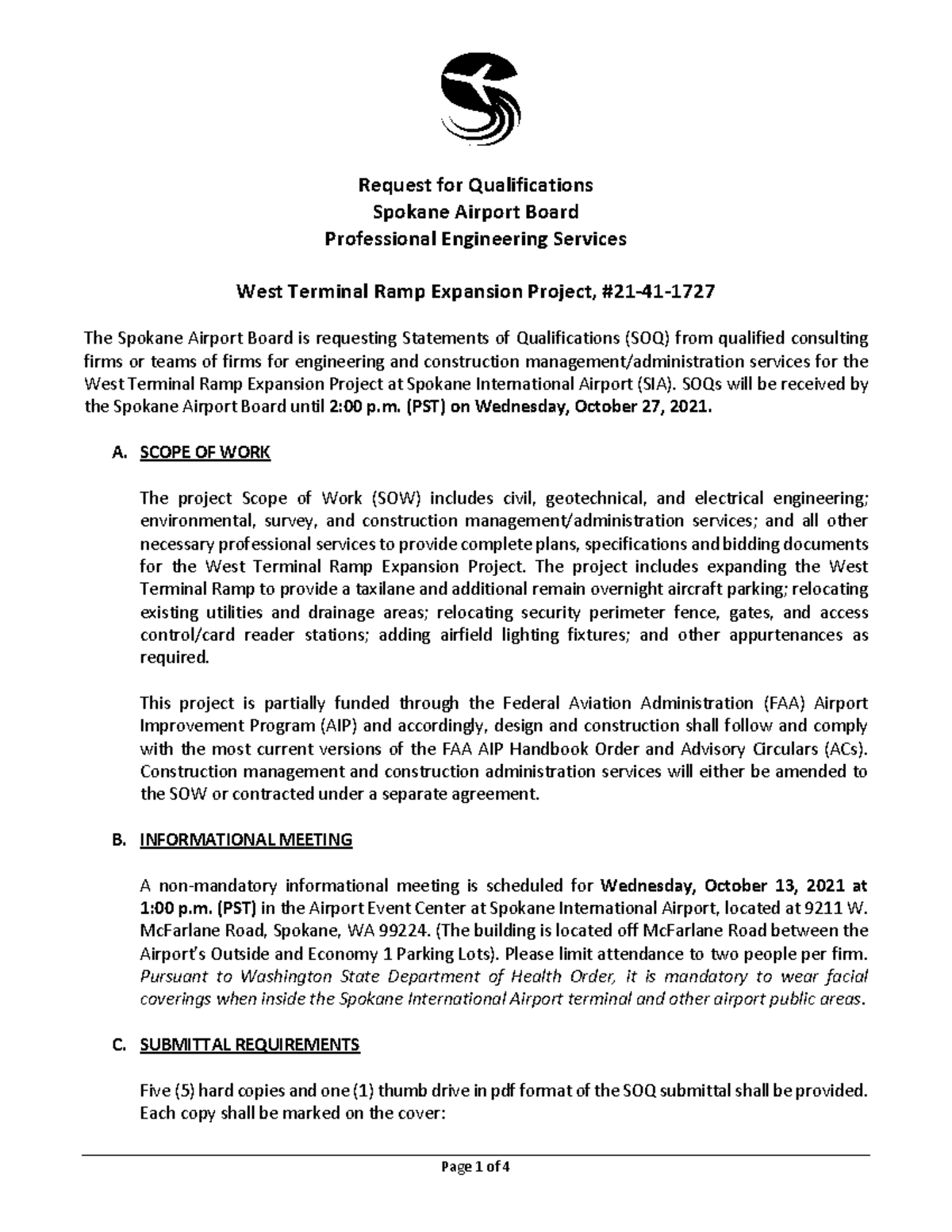 RFQ W Terminal Ramp RON Request for Qualifications Spokane Airport