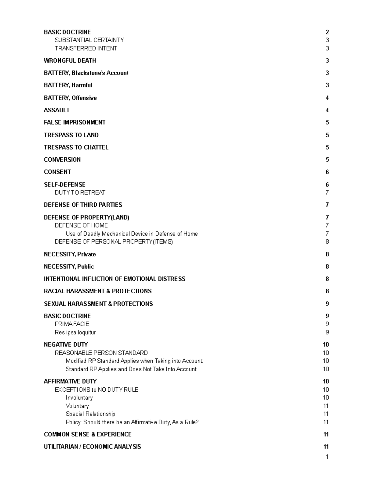 Torts Outline Short - BASIC DOCTRINE SUBSTANTIAL CERTAINTY TRANSFERRED ...