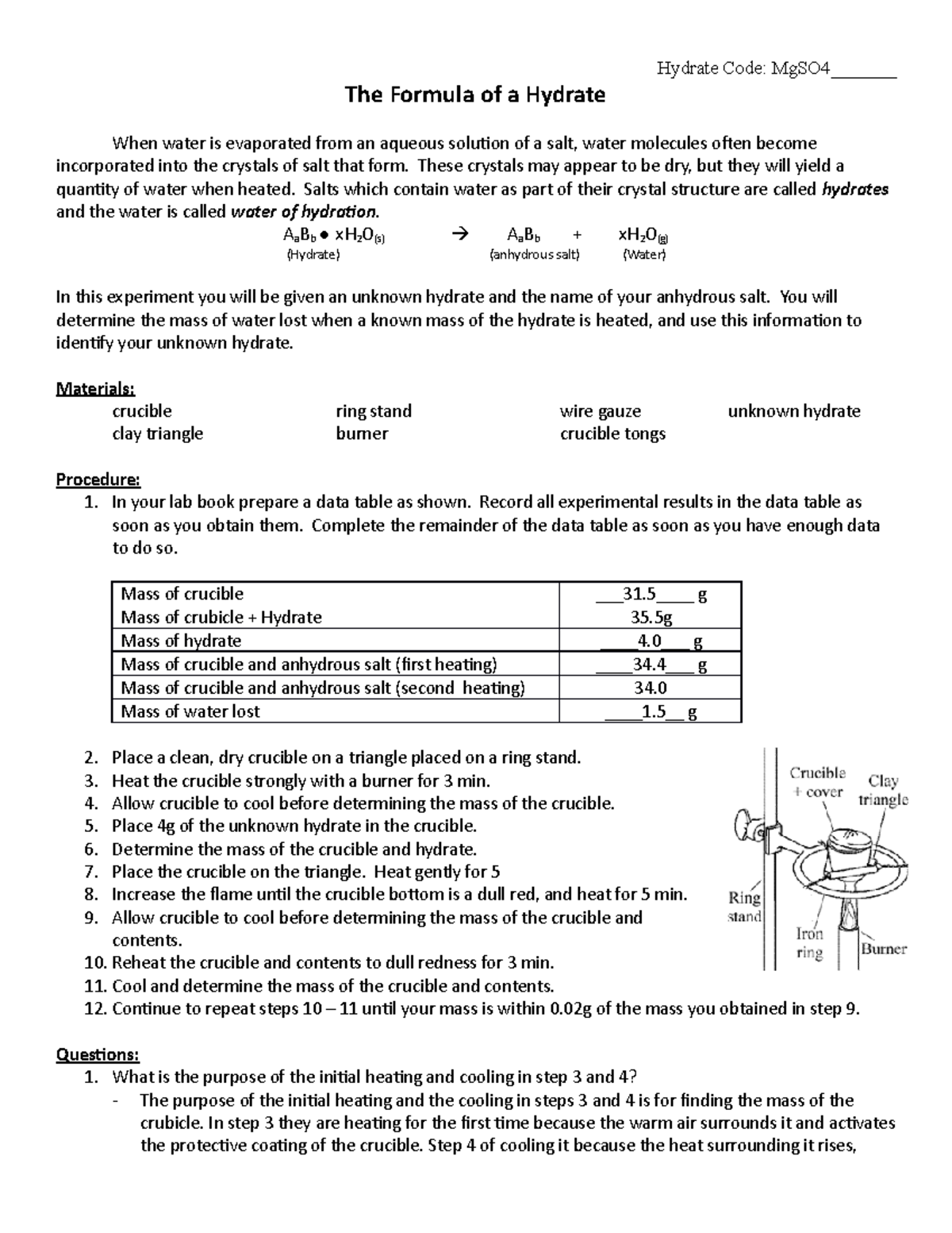 Lab Formula of a Hyd Hydrate Code MgSO4_______ The Formula of a