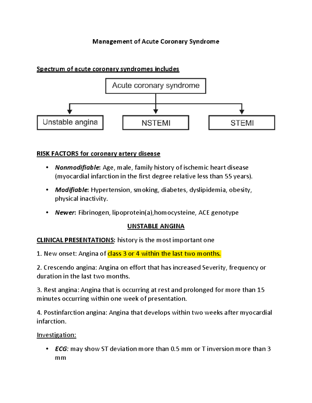 Acute coronary syndrome handout - Management of Acute Coronary Syndrome ...