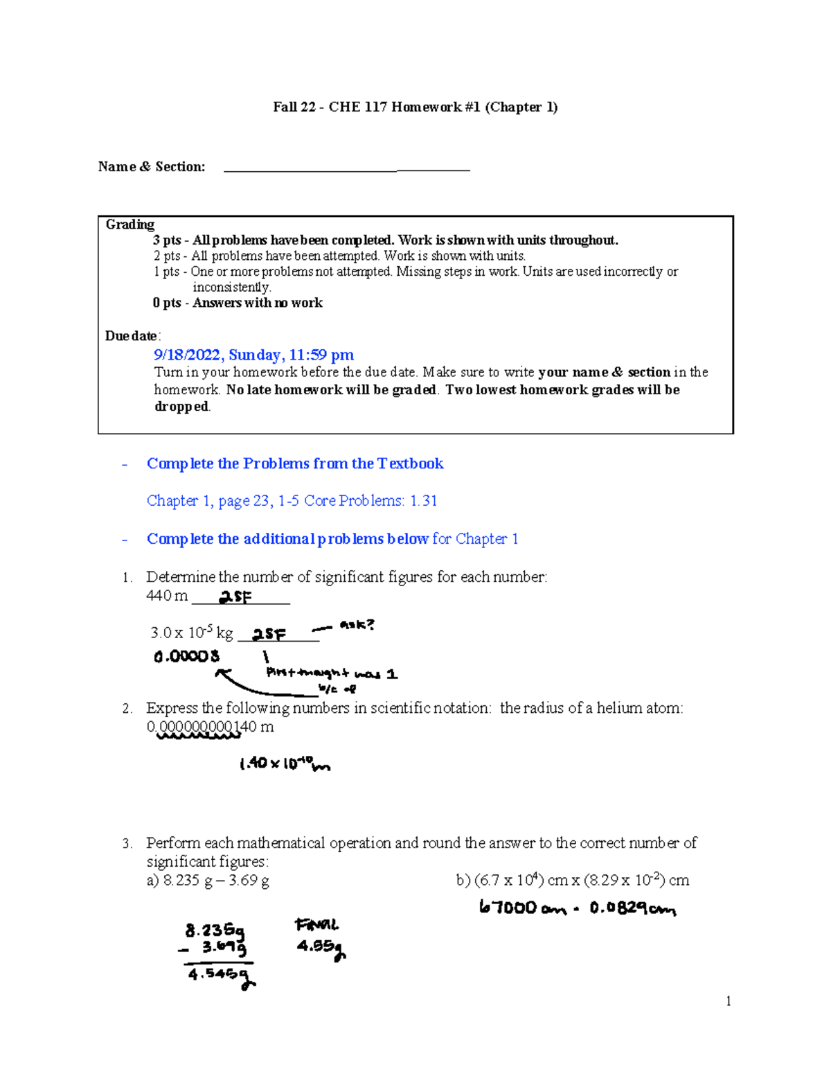 Chapter 1 Homework - 1 Fall 22 - CHE 117 Homework #1 (Chapter 1) Name ...