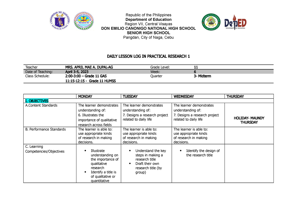 Dll Pr6 Lesson Plan In Practical Research 1 Week 6 Department Of Education Region Vii 2050