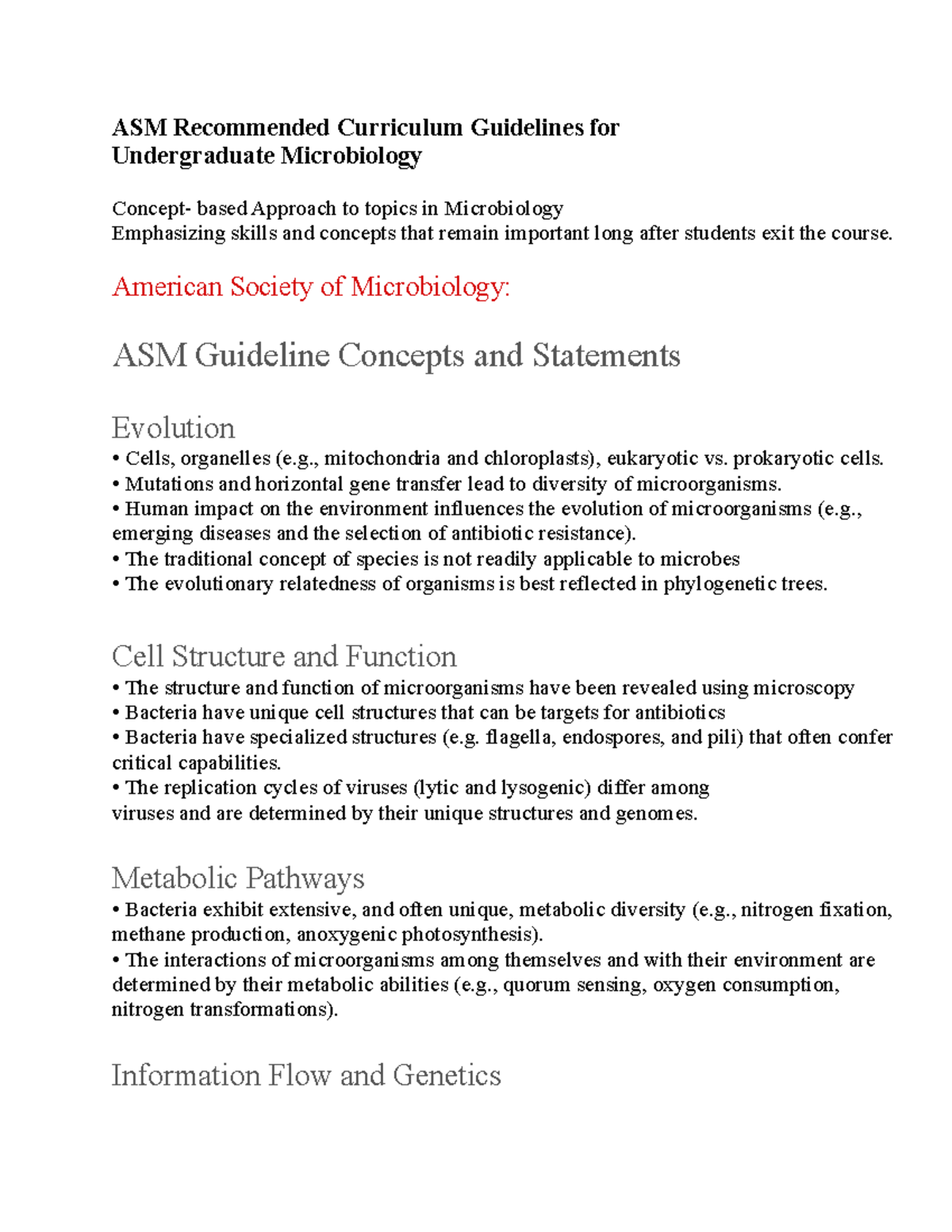 Introduction to Microbiology ASM Curriculum Guidelines for Undergraduate