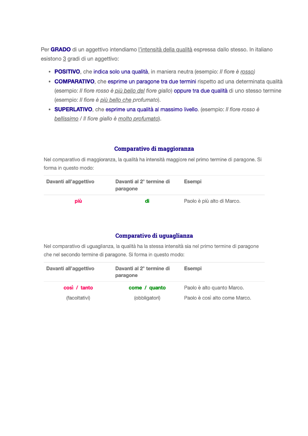 Gradi Aggettivo - Schema Grammatica Italiana - Studocu