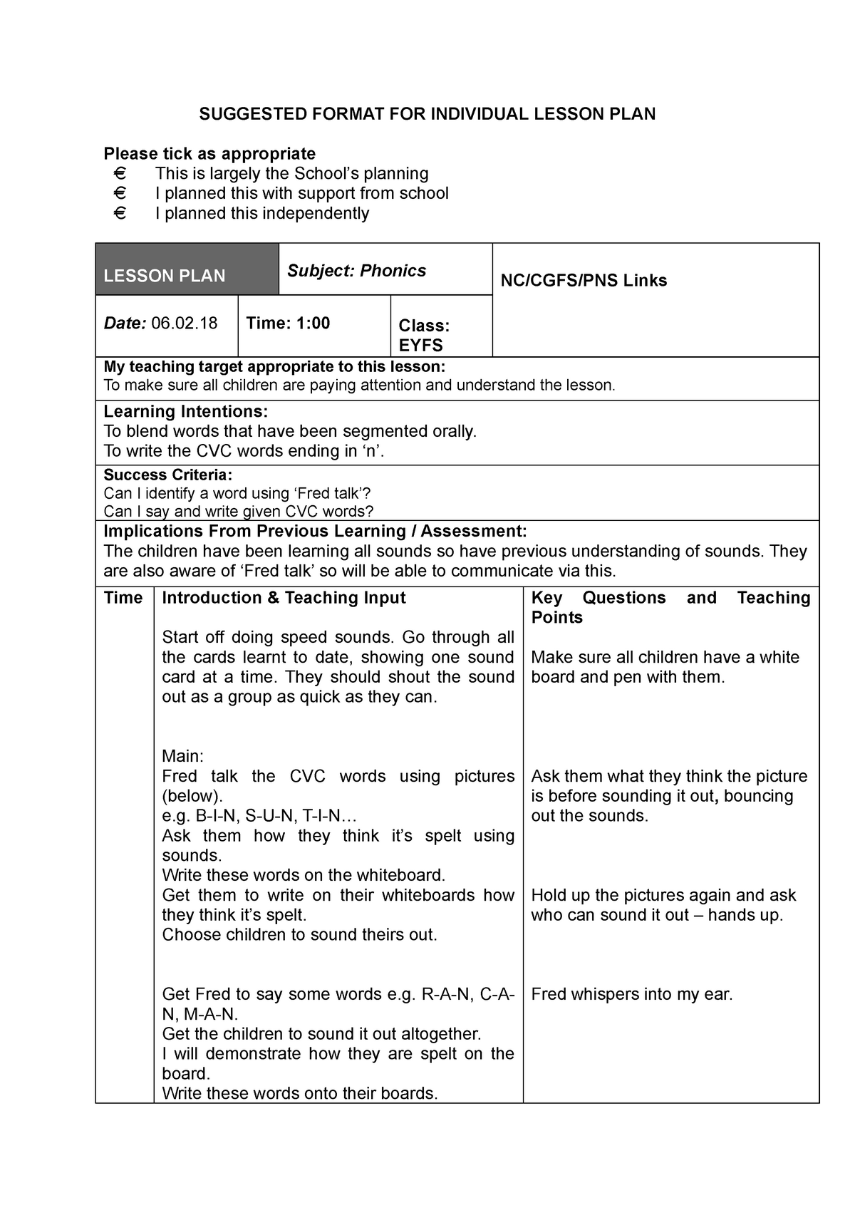 Phonics CVC n Words Lesson Plan SUGGESTED FORMAT FOR INDIVIDUAL LESSON PLAN Please Tick As 