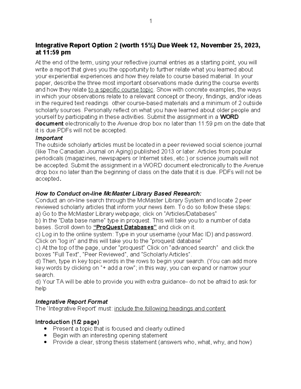 1BB3 Integrative Report Option 2 Instructions and Grading Rubric Fall ...