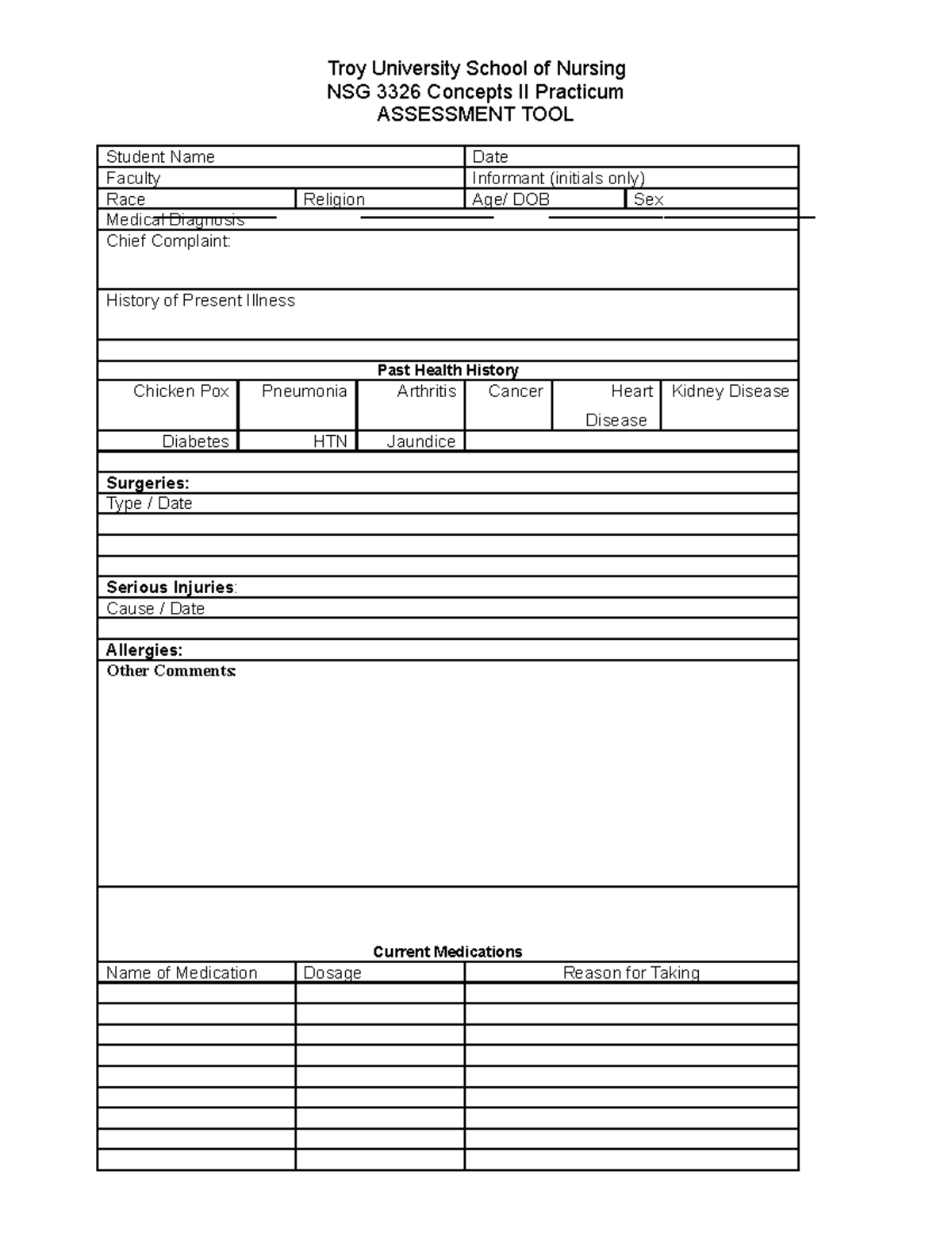 Database Template - Troy University School of Nursing NSG 3326 Concepts ...