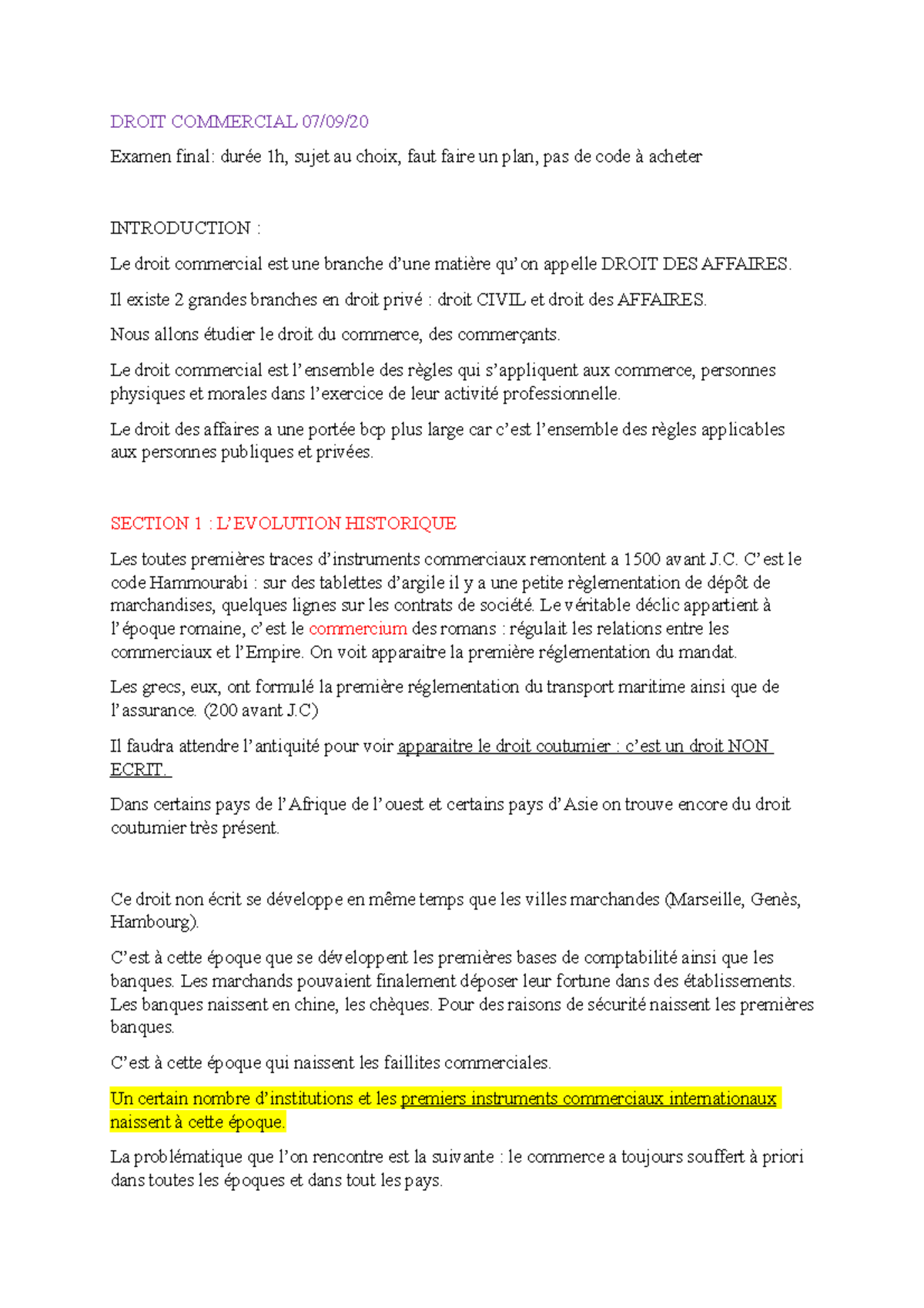 Droit Commercial L2 DROIT COMMERCIAL 07/09/ Examen final durée 1h
