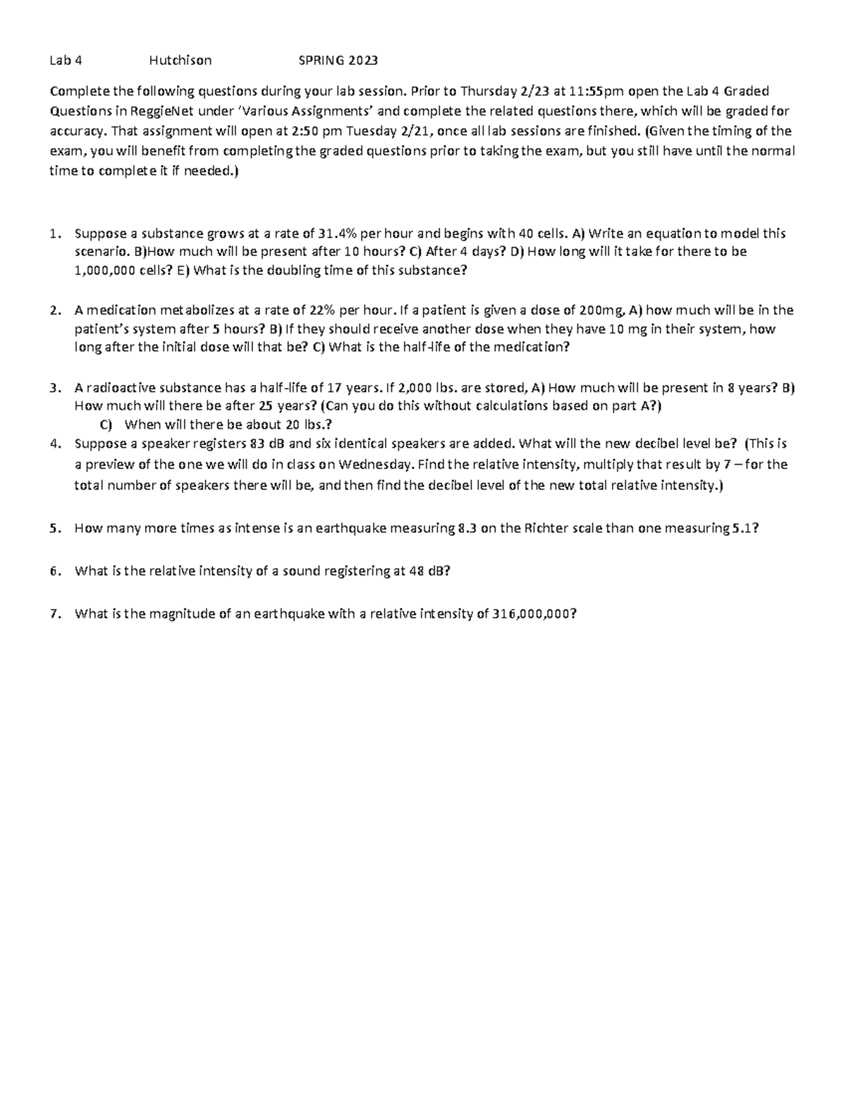 Lab 4 - mat 113 - Lab 4 Hutchison SPRING 2023 Complete the following ...