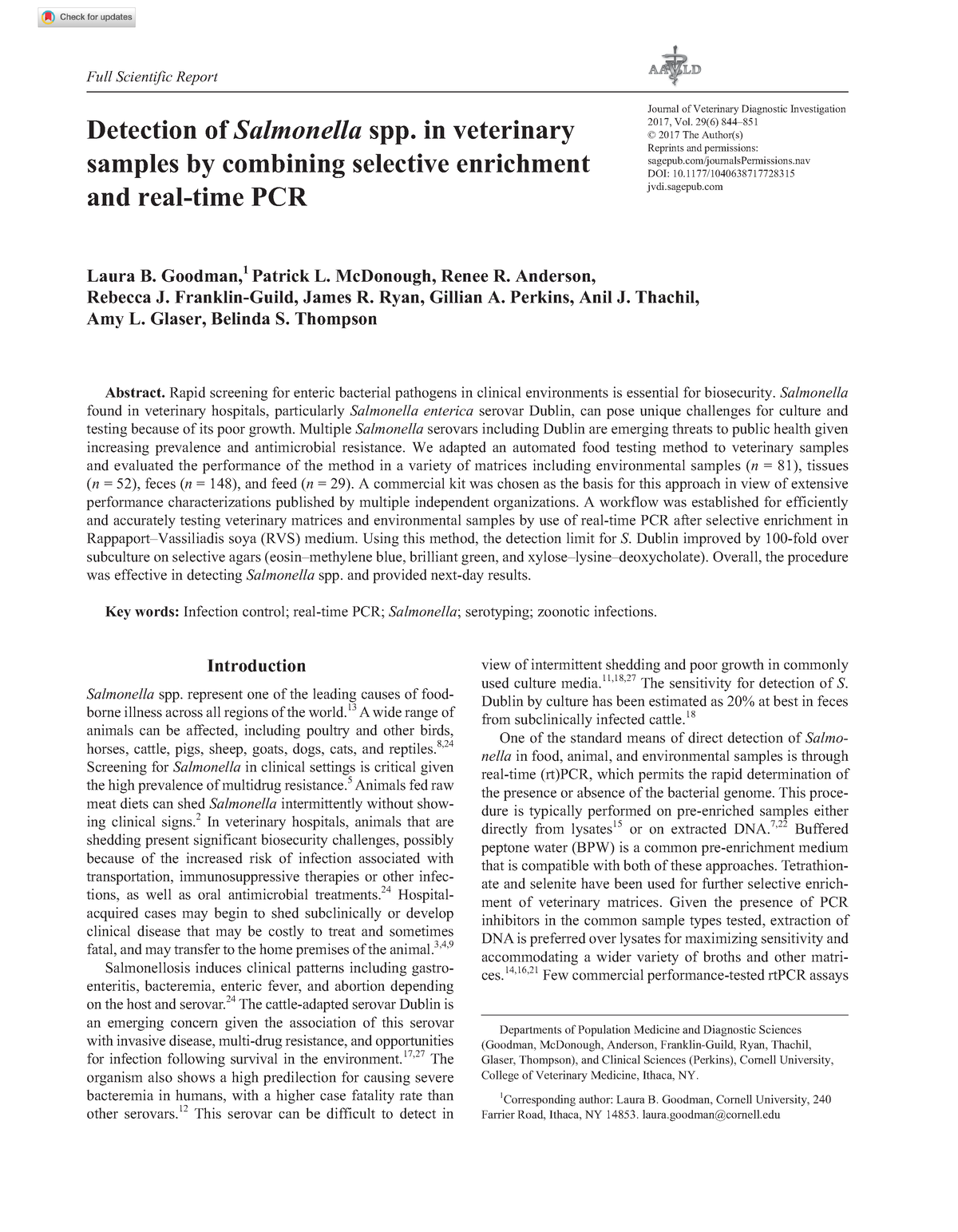 Goodman Et Al 2017 Detection Of Salmonella Spp In Veterinary Samples By ...