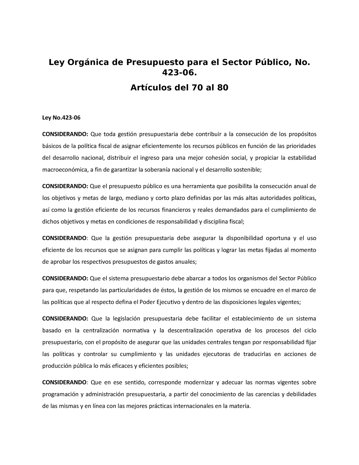 Ley De Presupuesto Para El Sector Público No. 423-06 - Ley Orgánica De ...