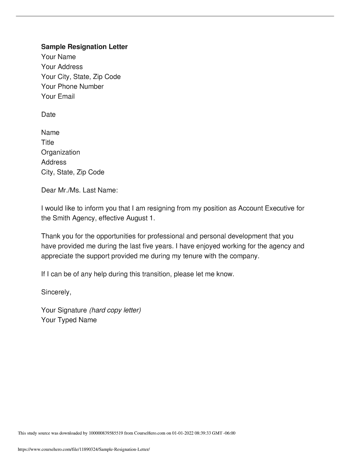 Resignation Letter Sample 1 - Sample Resignation Letter Your Name Your ...