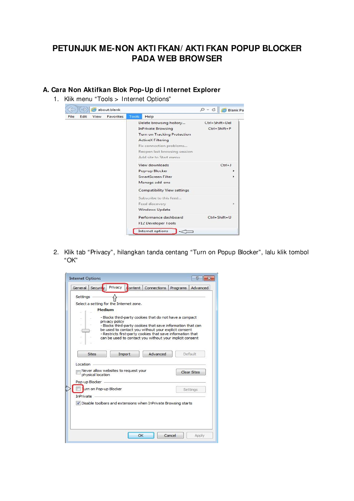 Petunjuk Popup Blocker - PETUNJUK ME-NON AKTI FKAN/ AKTI FKAN POPUP ...