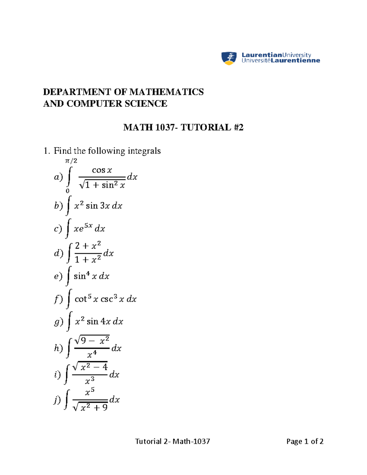 Math 1037 EL Tutorial 2 Prof Oumar Gu y Tutorial 2 Math 1037 Page