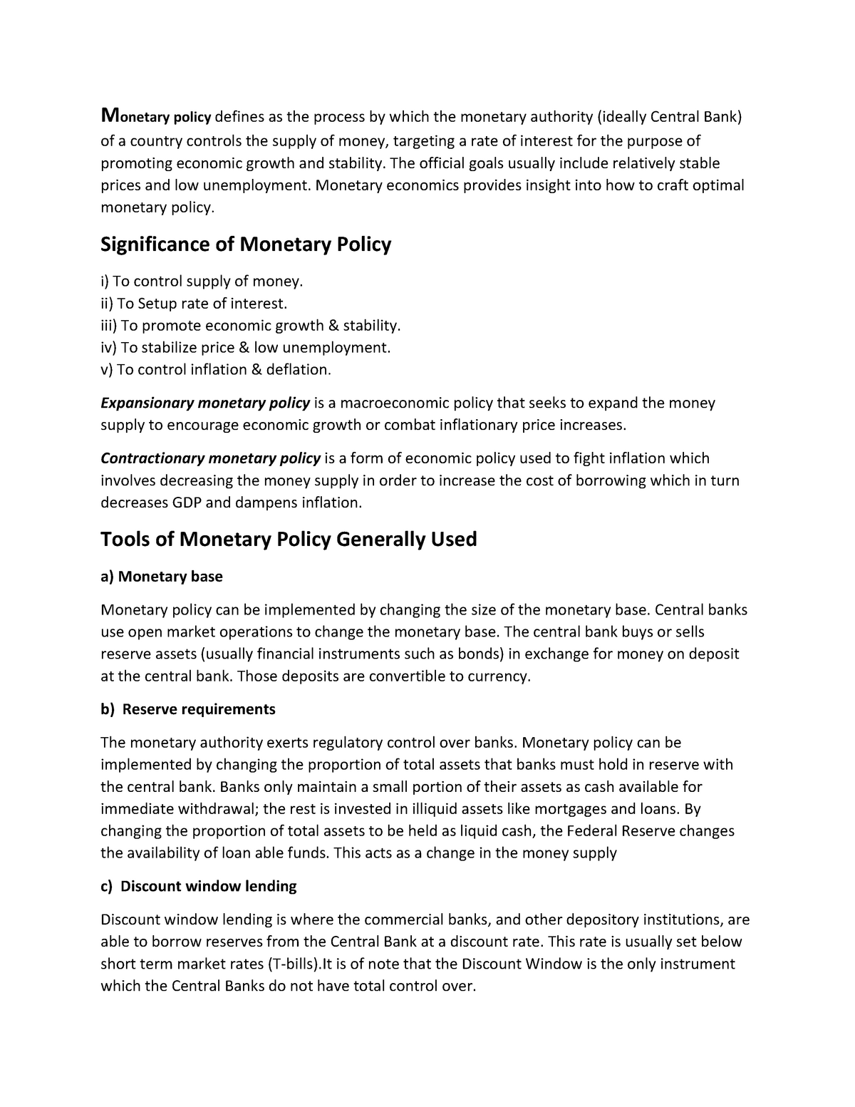 Monetary Policy Assignment Studocu