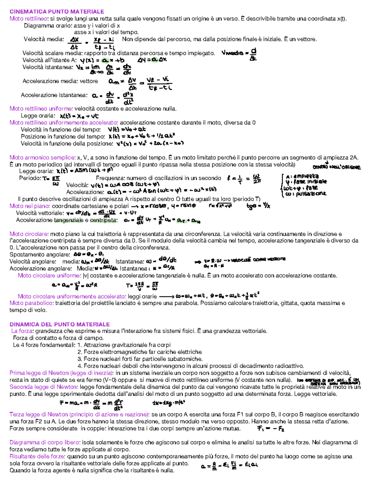 Fisica 1 teoria - CINEMATICA PUNTO MATERIALE Moto rettilineo: si svolge ...