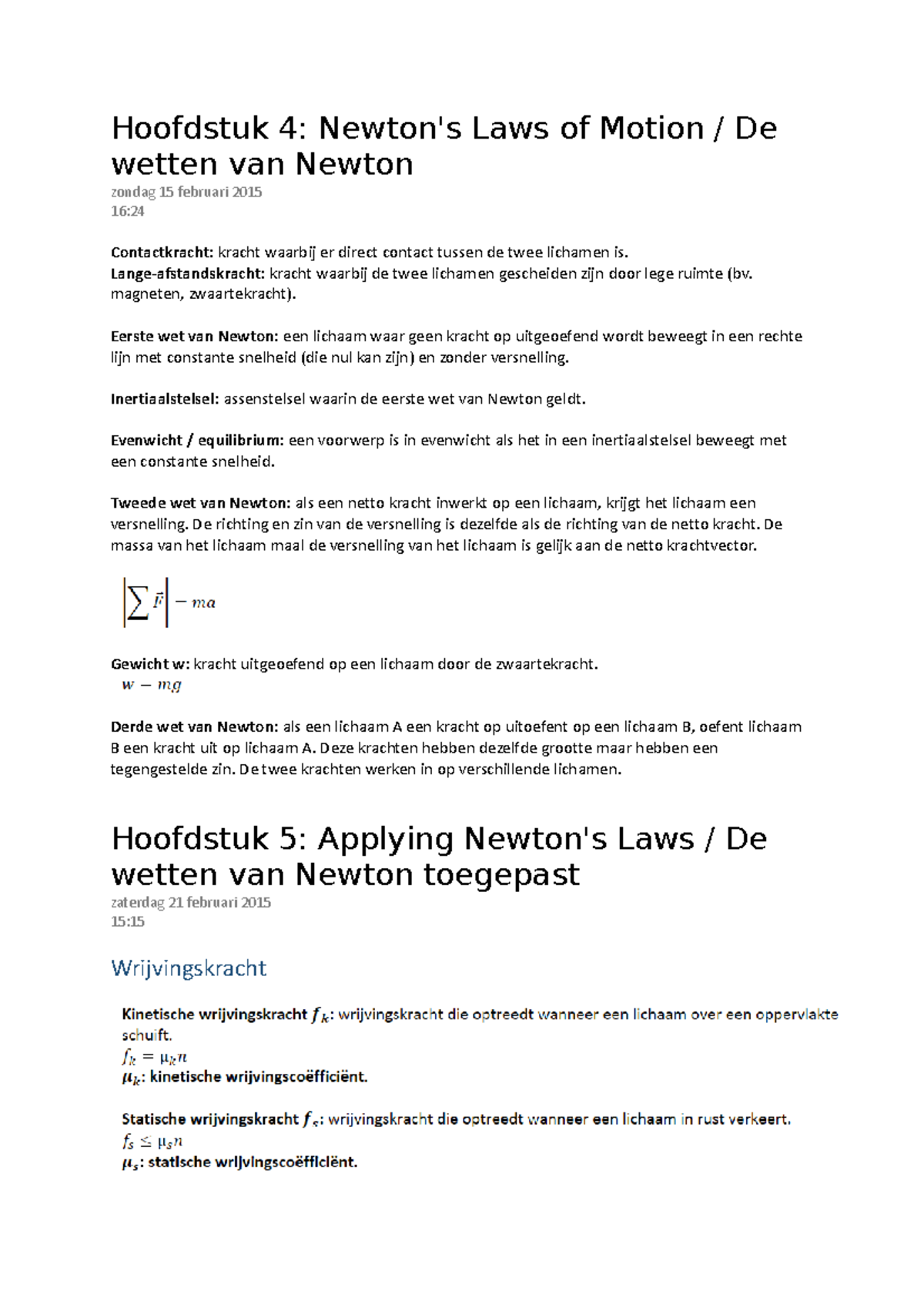 Fysica 1 Samenvatting Met Formules Hoofdstuk 4 Newtons Laws Of Motion De Wetten Van 