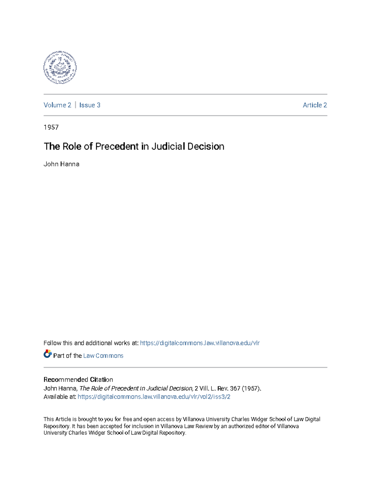 The Role of Precedent in Judicial Decision - Volume 2 Issue 3 Article 2 ...