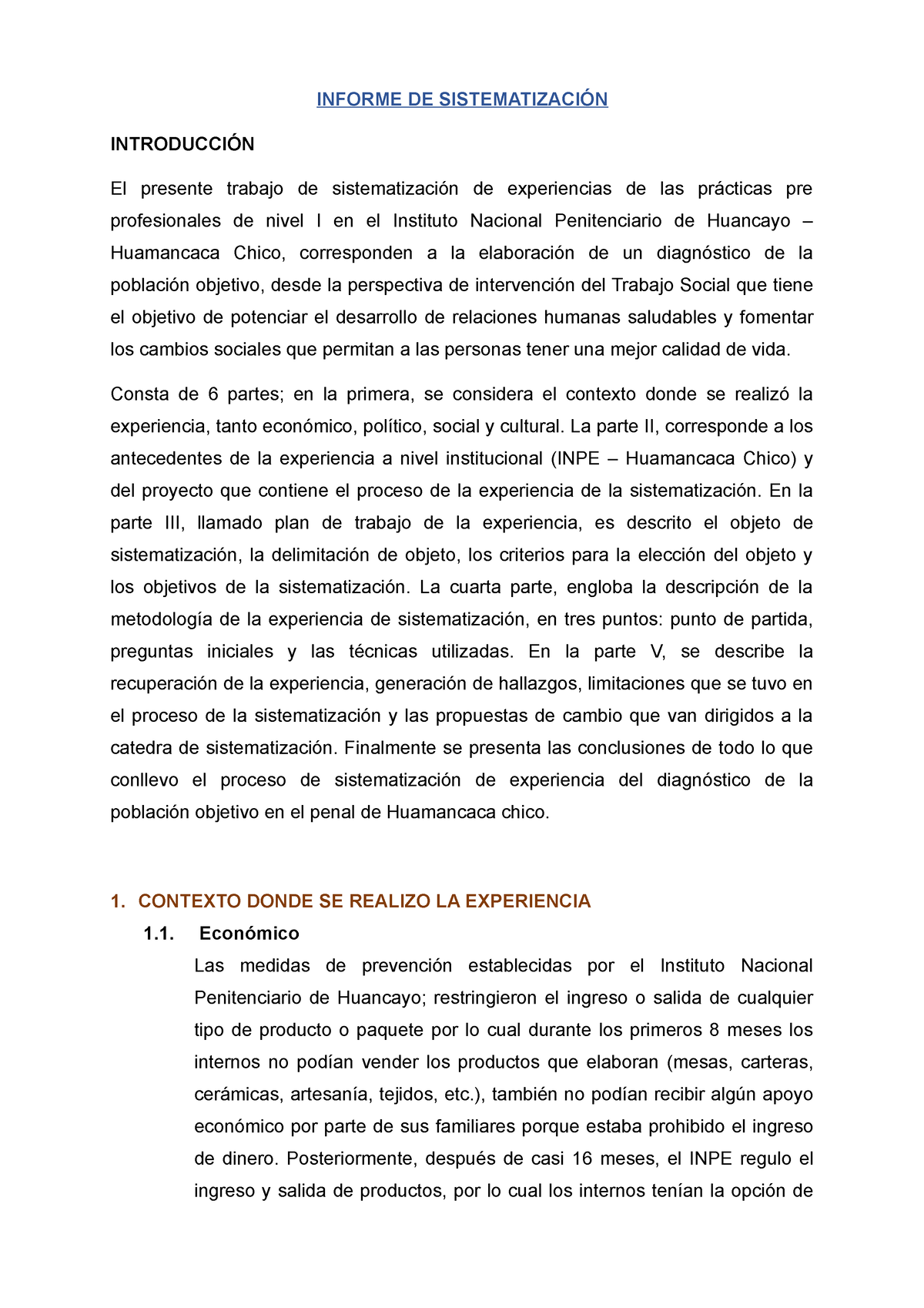 Informe DE Sistematización - INFORME DE SISTEMATIZACIÓN INTRODUCCIÓN El ...