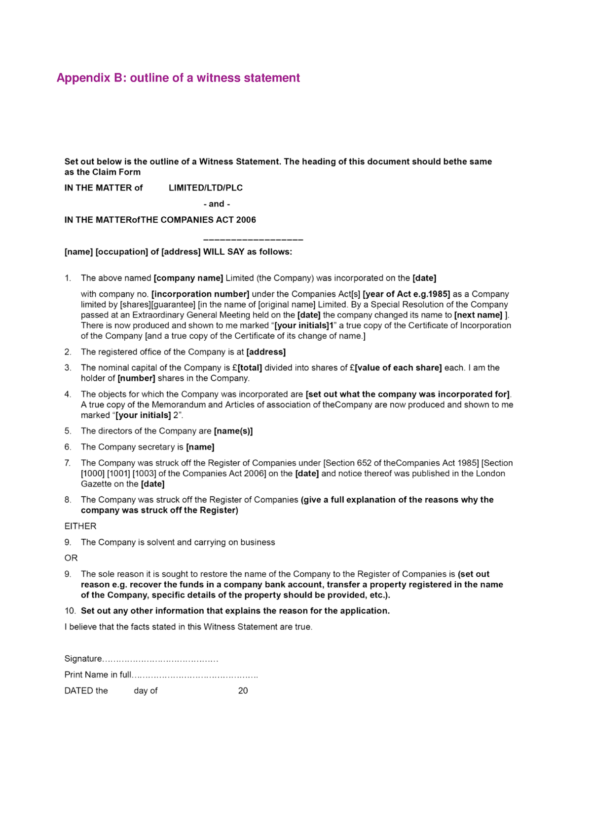 Outline Of Witness Statement Appendix B Company Restoration Template ...