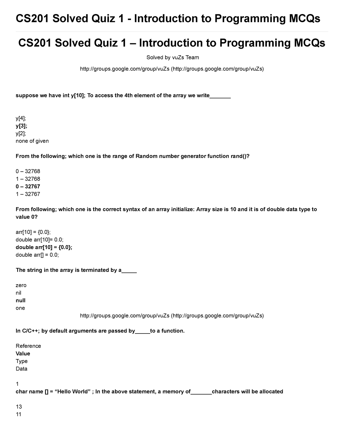 CS201 Mcq's Final Term By Vu Topper RM - CS-201 Introduction To Programming  Update MCQS For Final - Studocu